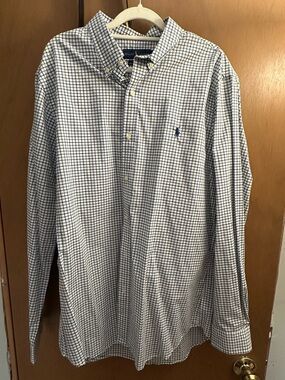 Ralph Lauren Men’s White, Navy & Green Windowpane Button-Down Shirt Slim Fit